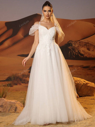 Off Shoulder Ivory Lace Wedding Dresses With Removeable Spaghetti Strap Elegnat V-Neck Tulle Bridal Gowns For Wedding Party Luxury Hand Beading Zip Back