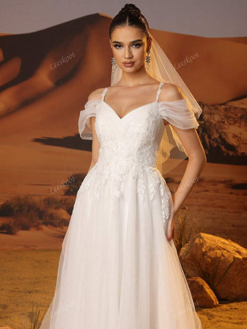 Off Shoulder Ivory Lace Wedding Dresses With Removeable Spaghetti Strap Elegnat V-Neck Tulle Bridal Gowns For Wedding Party Luxury Hand Beading Zip Back