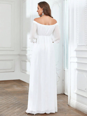 Off Shoulder Knot Side Split Thigh Chiffon Wedding Dress