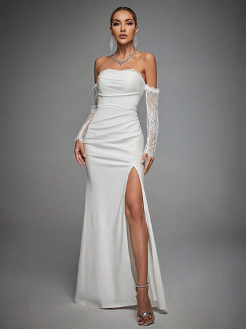 Off Shoulder Lace Panel Split Thigh Wedding Dress