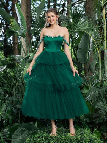 Off Shoulder Lace Trim Detail Bodice Contrast Layered Tulle Hem Homecoming Prom Dress Perfect For Back To School, Gathering, Dance & Cocktail Events