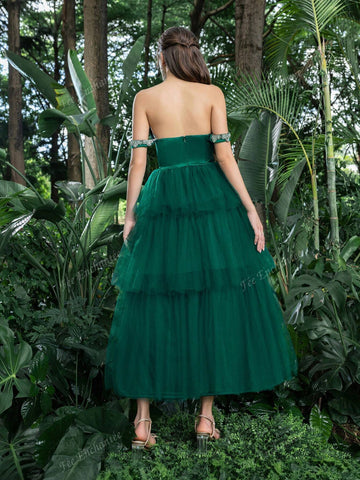 Off Shoulder Lace Trim Detail Bodice Contrast Layered Tulle Hem Homecoming Prom Dress Perfect For Back To School, Gathering, Dance & Cocktail Events