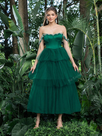 Off Shoulder Lace Trim Detail Bodice Contrast Layered Tulle Hem Homecoming Prom Dress Perfect For Back To School, Gathering, Dance & Cocktail Events