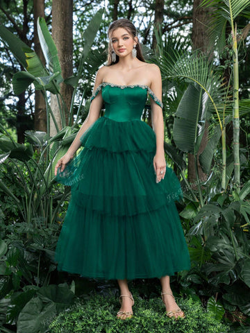 Off Shoulder Lace Trim Detail Bodice Contrast Layered Tulle Hem Homecoming Prom Dress Perfect For Back To School, Gathering, Dance & Cocktail Events