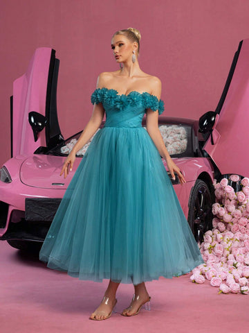 Off Shoulder Lace Up Back Floral Applique Decorated Tulle Prom Homecoming Dress