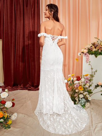 Off Shoulder Lace Up Back Mermaid Hem Lace Wedding Dress