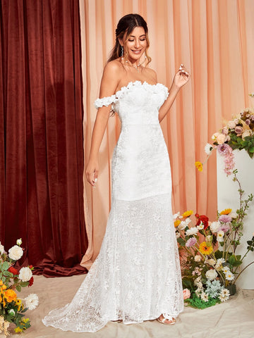 Off Shoulder Lace Up Back Mermaid Hem Lace Wedding Dress