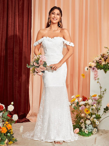 Off Shoulder Lace Up Back Mermaid Hem Lace Wedding Dress