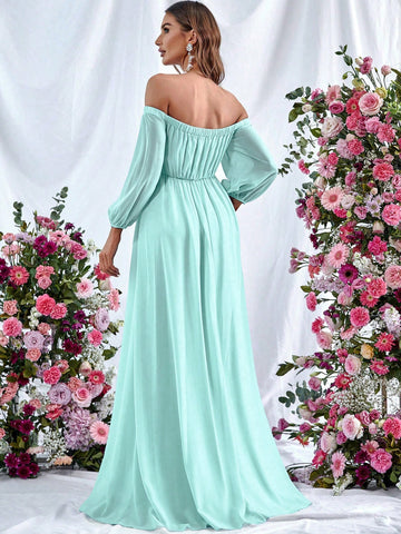 Off Shoulder Lantern Sleeve Split Thigh Belted Dress