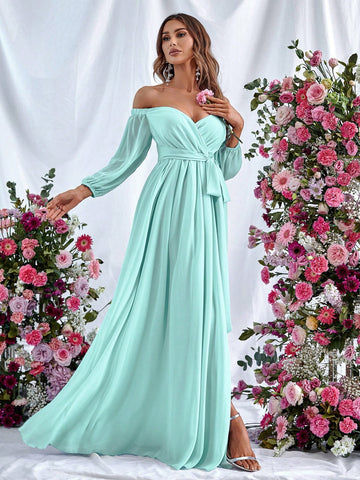 Off Shoulder Lantern Sleeve Split Thigh Belted Dress