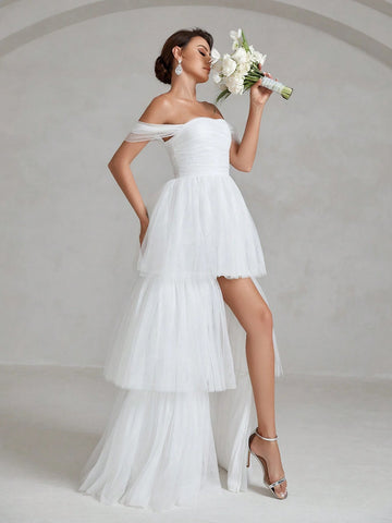 Off Shoulder Layer Hem Mesh Wedding Dress