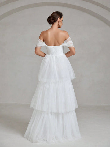 Off Shoulder Layer Hem Mesh Wedding Dress