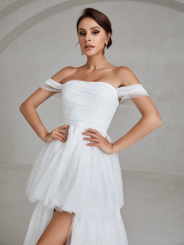 Off Shoulder Layer Hem Mesh Wedding Dress