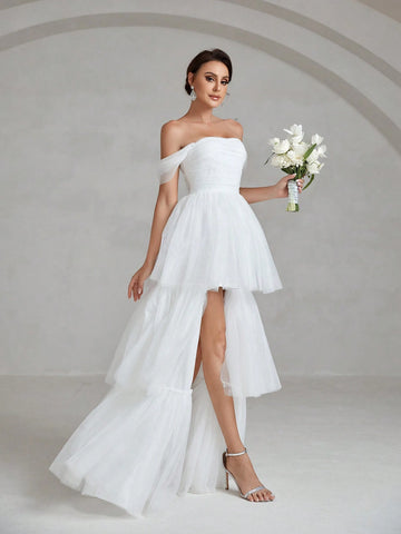 Off Shoulder Layer Hem Mesh Wedding Dress