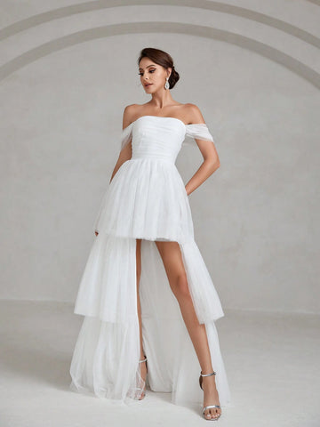 Off Shoulder Layer Hem Mesh Wedding Dress