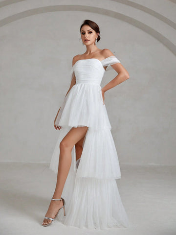Off Shoulder Layer Hem Mesh Wedding Dress