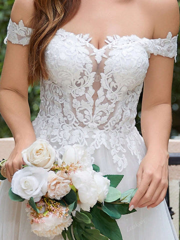 Off Shoulder Luxury Lacey Wedding Dresses Long For Women Ball Gowns Illusion Top Ivory Lace Bridal Gowns With Champagne Lining Lace Up Back Tulle Wedding Gowns With Long Train