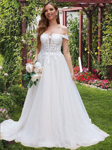 Off Shoulder Luxury Lacey Wedding Dresses Long For Women Ball Gowns Illusion Top Ivory Lace Bridal Gowns With Champagne Lining Lace Up Back Tulle Wedding Gowns With Long Train