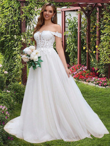 Off Shoulder Luxury Lacey Wedding Dresses Long For Women Ball Gowns Illusion Top Ivory Lace Bridal Gowns With Champagne Lining Lace Up Back Tulle Wedding Gowns With Long Train