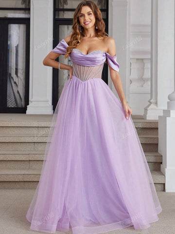 Off Shoulder Luxury Prom Dresses With Crystal Boned Sparkly Sequin Hand Beading Ball Gown With Illusion Corset A Line Long Tulle Hem Sweetheart Formal Evening Gowns Cross Back Homecoming Dresses For Teen