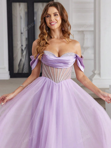 Off Shoulder Luxury Prom Dresses With Crystal Boned Sparkly Sequin Hand Beading Ball Gown With Illusion Corset A Line Long Tulle Hem Sweetheart Formal Evening Gowns Cross Back Homecoming Dresses For Teen