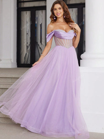 Off Shoulder Luxury Prom Dresses With Crystal Boned Sparkly Sequin Hand Beading Ball Gown With Illusion Corset A Line Long Tulle Hem Sweetheart Formal Evening Gowns Cross Back Homecoming Dresses For Teen