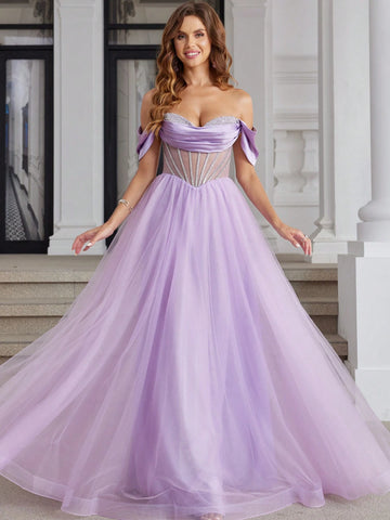 Off Shoulder Luxury Prom Dresses With Crystal Boned Sparkly Sequin Hand Beading Ball Gown With Illusion Corset A Line Long Tulle Hem Sweetheart Formal Evening Gowns Cross Back Homecoming Dresses For Teen