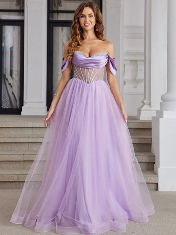 Off Shoulder Luxury Prom Dresses With Crystal Boned Sparkly Sequin Hand Beading Ball Gown With Illusion Corset A Line Long Tulle Hem Sweetheart Formal Evening Gowns Cross Back Homecoming Dresses For Teen