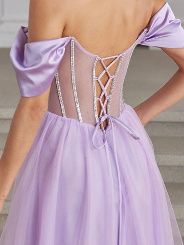 Off Shoulder Luxury Prom Dresses With Crystal Boned Sparkly Sequin Hand Beading Ball Gown With Illusion Corset A Line Long Tulle Hem Sweetheart Formal Evening Gowns Cross Back Homecoming Dresses For Teen