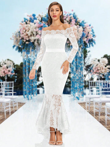 Off Shoulder Mermaid Hem Lace Wedding Dress