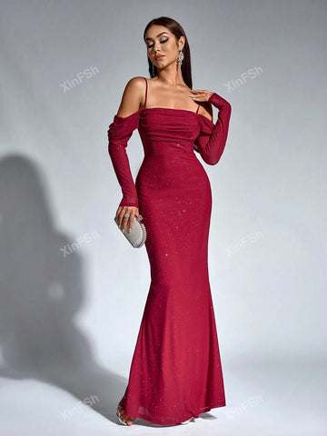 Off Shoulder Mermaid Hem Ruched Mesh Sequin Bodycon Women Cocktail Dresse