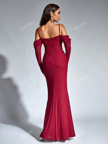 Off Shoulder Mermaid Hem Ruched Mesh Sequin Bodycon Women Cocktail Dresse