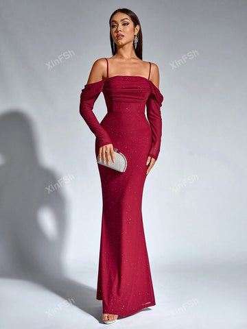 Off Shoulder Mermaid Hem Ruched Mesh Sequin Bodycon Women Cocktail Dresse