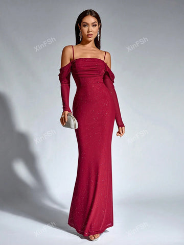 Off Shoulder Mermaid Hem Ruched Mesh Sequin Bodycon Women Cocktail Dresse