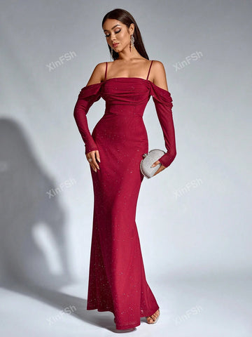 Off Shoulder Mermaid Hem Ruched Mesh Sequin Bodycon Women Cocktail Dresse