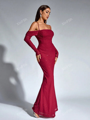 Off Shoulder Mermaid Hem Ruched Mesh Sequin Bodycon Women Cocktail Dresse