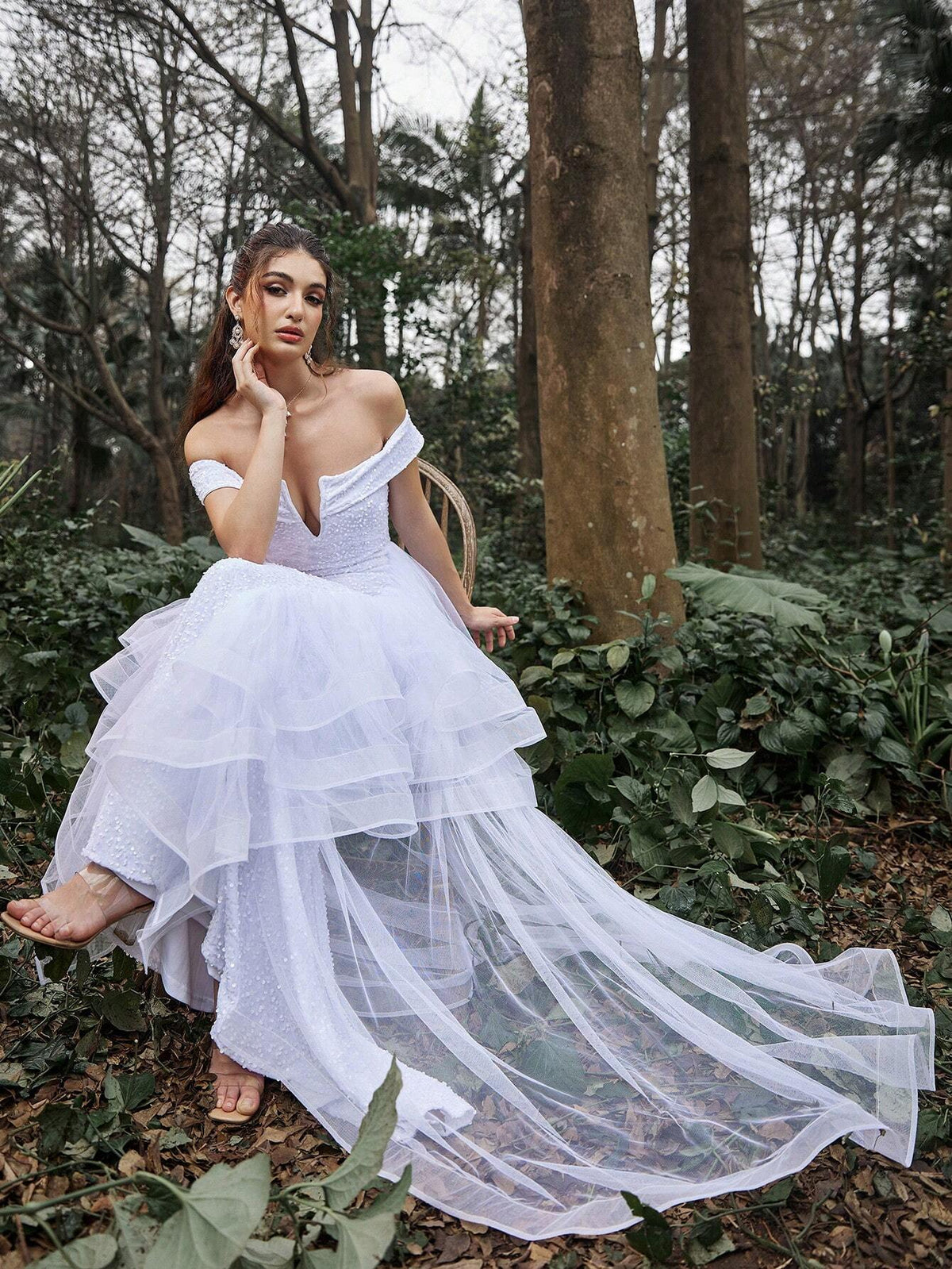 Off Shoulder Mermaid Hem Ruffle Trim Sequin Wedding Dress