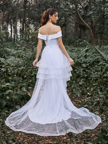 Off Shoulder Mermaid Hem Ruffle Trim Sequin Wedding Dress