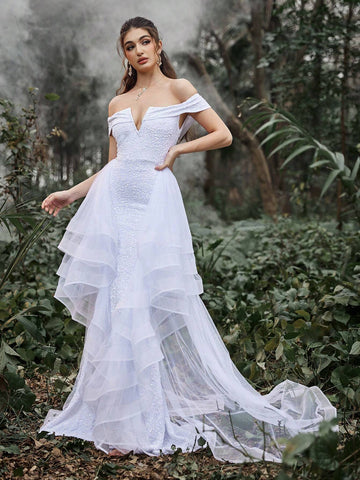 Off Shoulder Mermaid Hem Ruffle Trim Sequin Wedding Dress