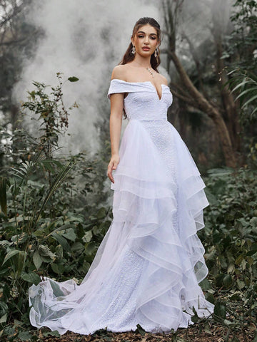 Off Shoulder Mermaid Hem Ruffle Trim Sequin Wedding Dress