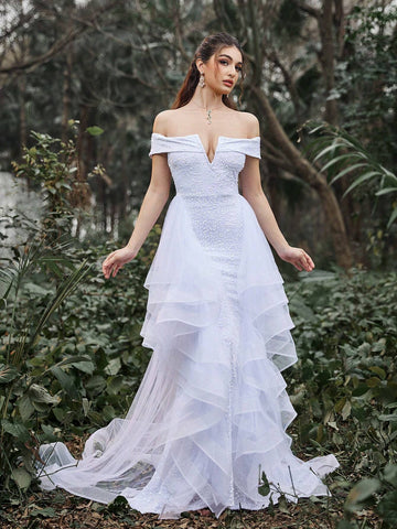 Off Shoulder Mermaid Hem Ruffle Trim Sequin Wedding Dress