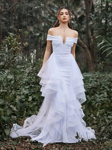 Off Shoulder Mermaid Hem Ruffle Trim Sequin Wedding Dress