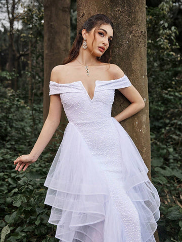 Off Shoulder Mermaid Hem Ruffle Trim Sequin Wedding Dress