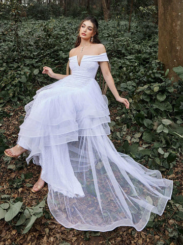 Off Shoulder Mermaid Hem Ruffle Trim Sequin Wedding Dress