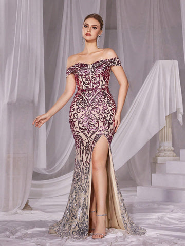 Off Shoulder Mermaid Hem Sequin Formal Dress