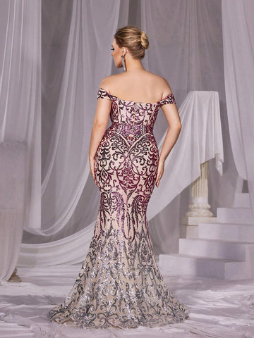 Off Shoulder Mermaid Hem Sequin Formal Dress