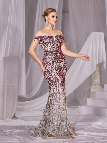 Off Shoulder Mermaid Hem Sequin Formal Dress