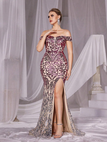 Off Shoulder Mermaid Hem Sequin Formal Dress