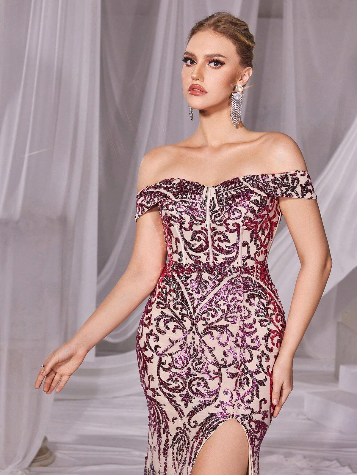 Off Shoulder Mermaid Hem Sequin Formal Dress