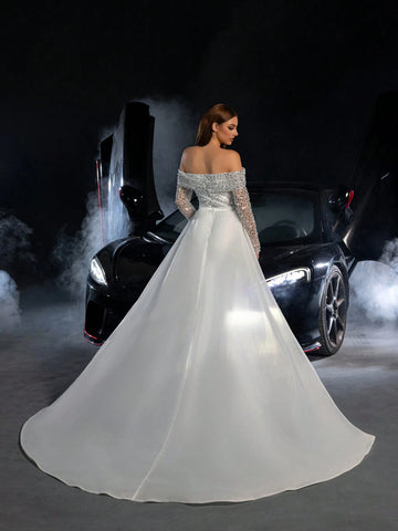 Off Shoulder Mermaid Hem Sequin Wedding Dress With Organza Train